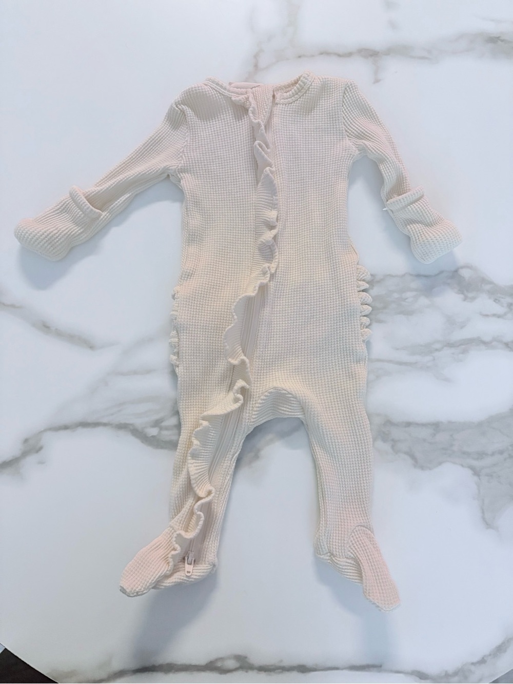 Cream Ruffle-Trim Waffle Knit Baby Footie